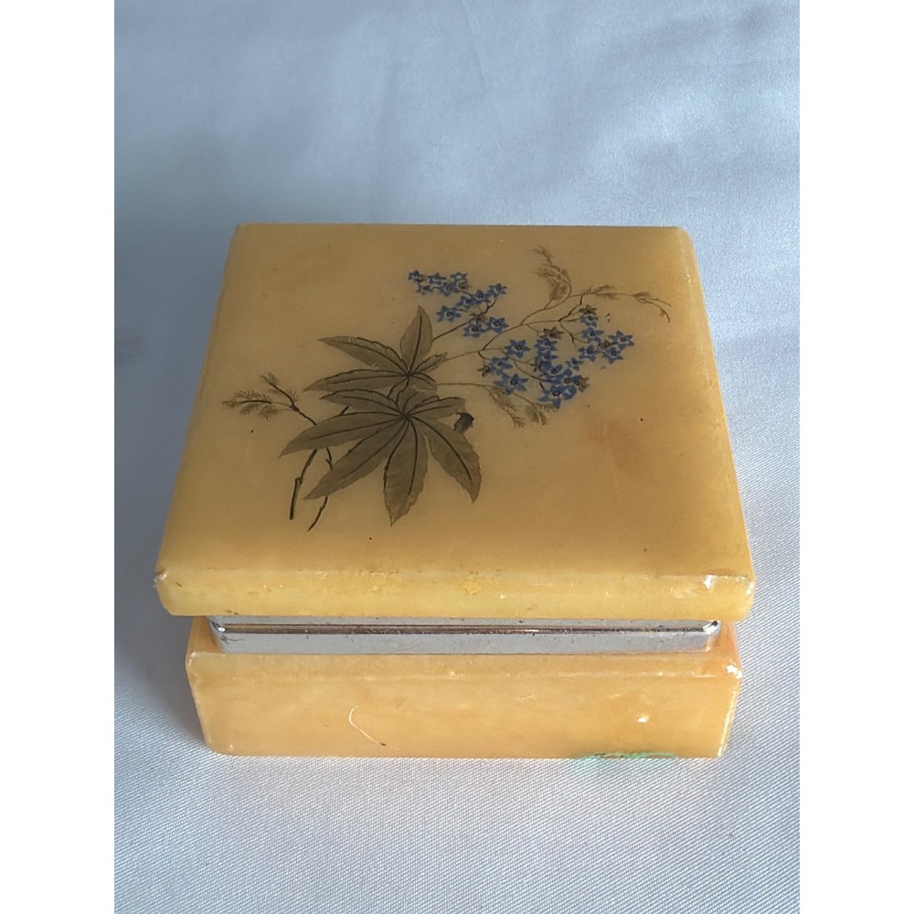 VINTAGE Trinket Box Unisex Small Yellow Good Floral Stone Square